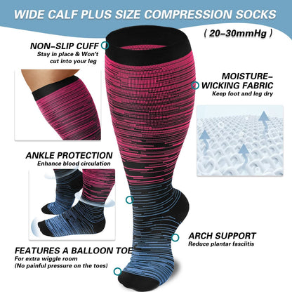Chaussettes de compression grande taille à filaments roses rouges (2XL-7XL) (3 paires)