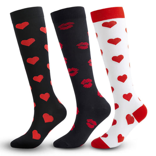 Chaussettes de compression à imprimé cœur et lèvres rouges (3 paires)
