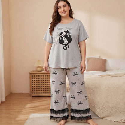 Ensemble pyjama imprimé chat à nœud papillon doux - Gris - 4XL - image 2