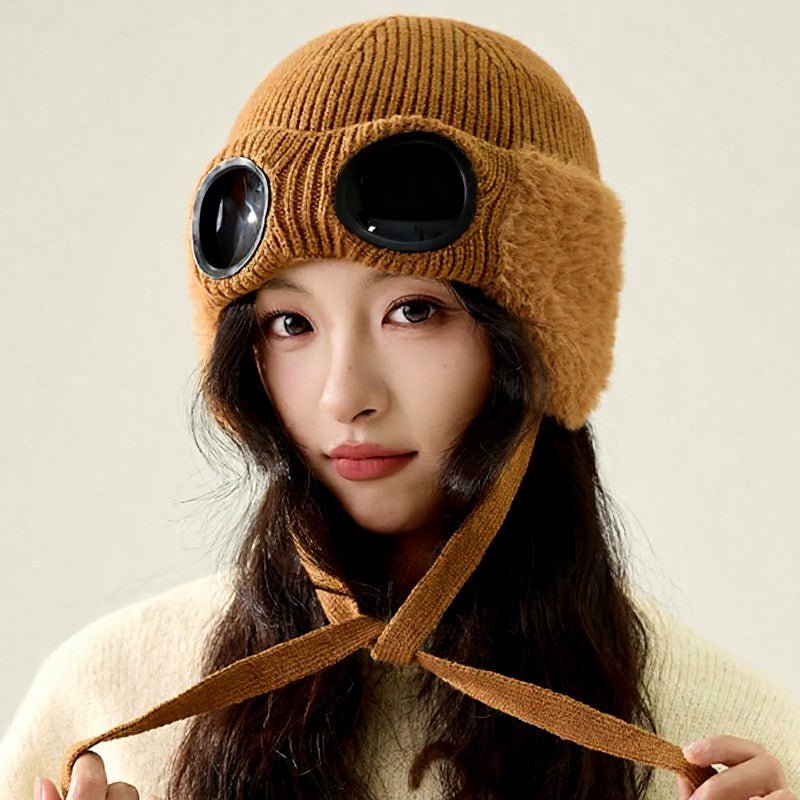 Bonnet aviateur doublé polaire avec lunettes intégrées - Caramel - One Size - image 6
