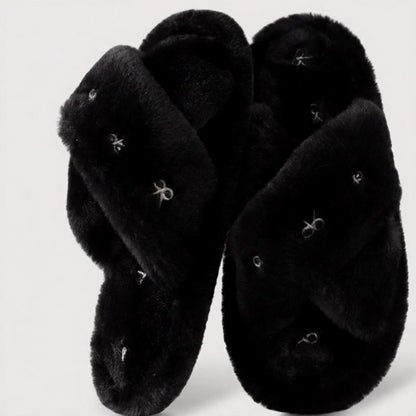 Pantoufles à brides croisées en peluche à bout ouvert - Noir - EU44-45(US9-10) - image 11