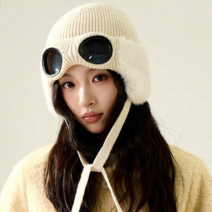 Bonnet aviateur doublé polaire avec lunettes intégrées - Beige - One Size - image 4