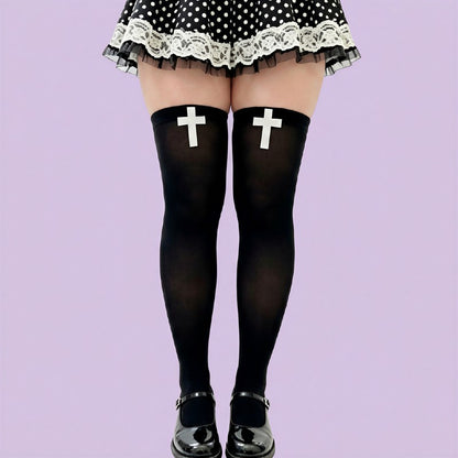 Chaussettes hautes à motif croix gothique (2 paires) - Noir - One Size - image 0