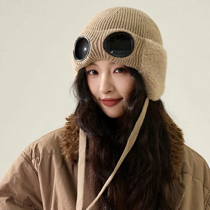 Bonnet aviateur doublé polaire avec lunettes intégrées - Kaki - One Size - image 1
