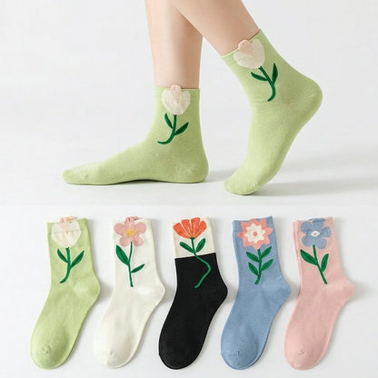Chaussettes montantes en coton brodées de fleurs printanières (5 paires) - image 0