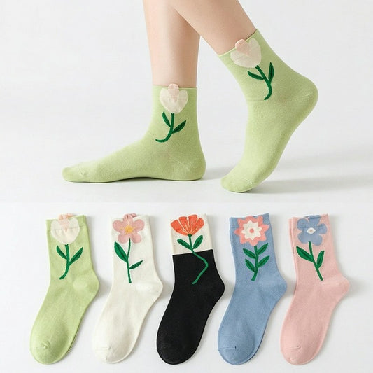 Chaussettes montantes en coton brodées de fleurs printanières (5 paires) - image 0