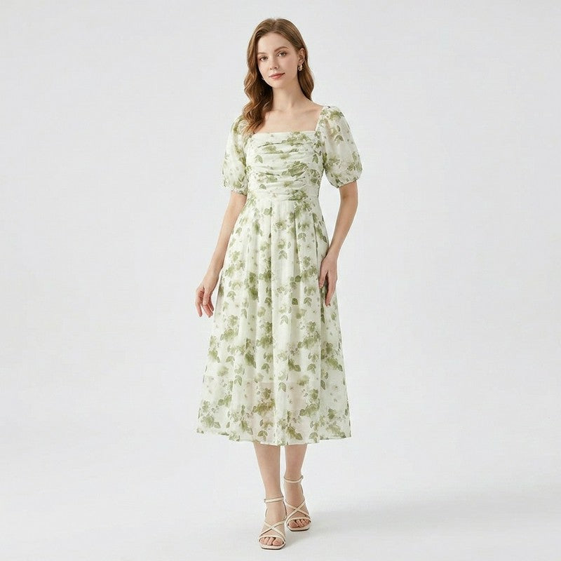 Robe midi à col carré à motif botanique - image 1