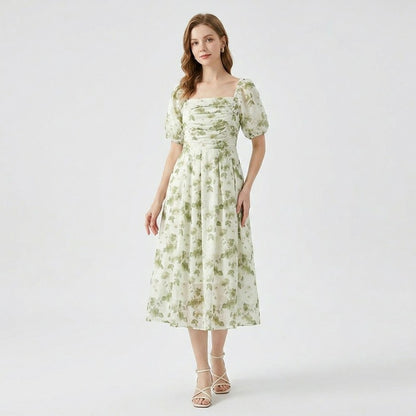 Robe midi à col carré à motif botanique - image 1