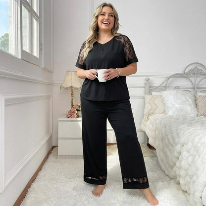 Ensemble pyjama à col en V et bordure en dentelle - Noir - 4XL - image 0