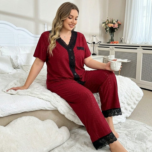 Ensemble pyjama bordeaux à bordures contrastées - Rouge - 4XL - image 0