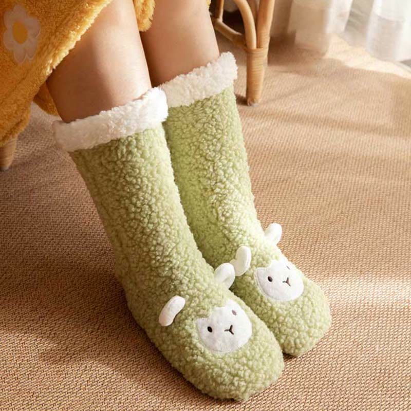 Chaussons-chaussettes d'hiver en polaire corail à motif agneau - Vert - EU36-42 (US3-8.5) - image 10