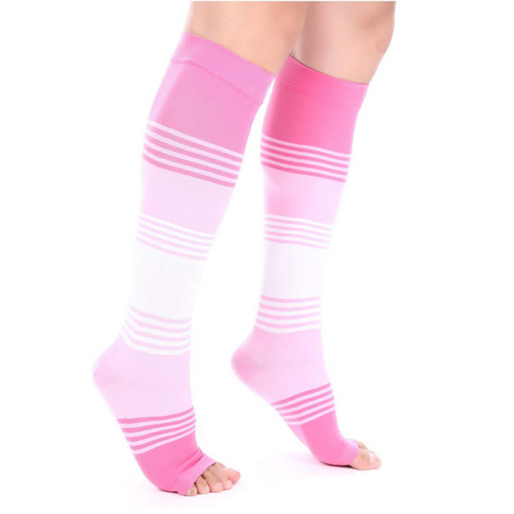 Chaussettes de compression à bout ouvert et rayures de couleurs mélangées - Rose - L/XL - image 1