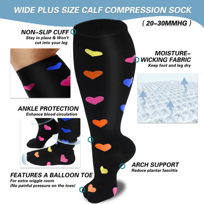 Chaussettes de compression grande taille à motif cœur (2XL-7XL) (3 paires)