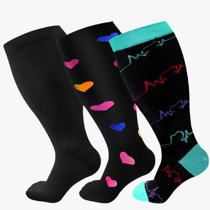 Chaussettes de compression bleues à motif cœur noir et électrocardiogramme, grande taille (3 paires)
