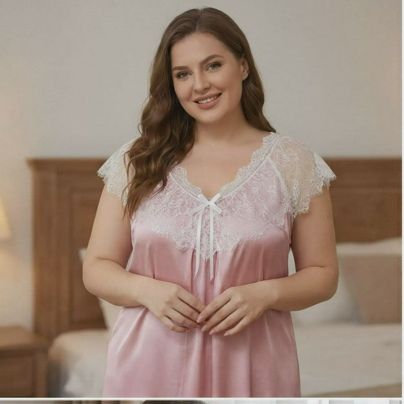 Nuisette en satin et dentelle rose poudré - image 3
