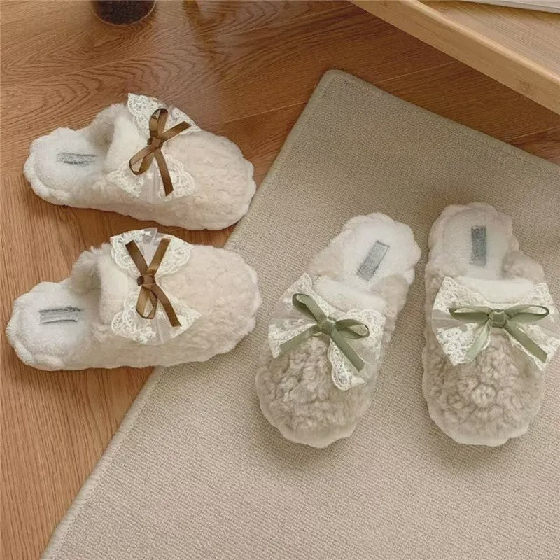 Pantoufles à revers en tricot peluche avec nœud en dentelle - image 5
