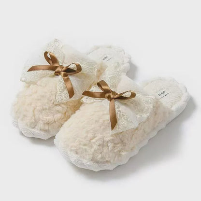 Pantoufles à revers en tricot peluche avec nœud en dentelle - image 4