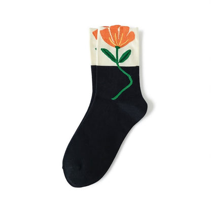 Chaussettes montantes en coton brodées de fleurs printanières (5 paires) - Noir - 40 (US2-7) - image 5