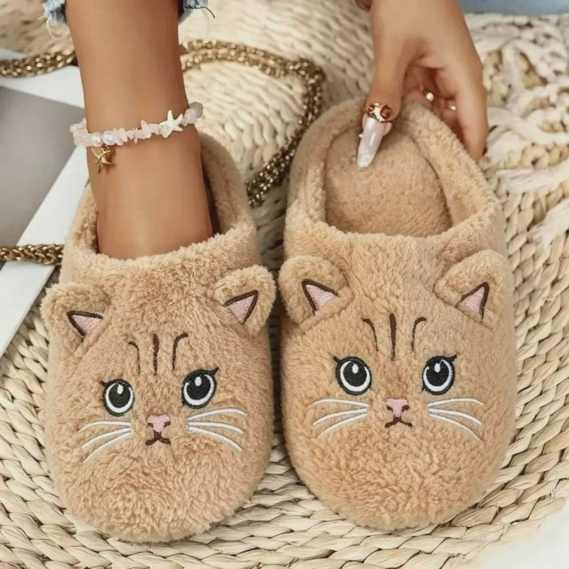 Pantoufles d'intérieur chaudes et confortables en peluche avec motif chat - Kaki - EU46-47(US12-12.5) - image 8