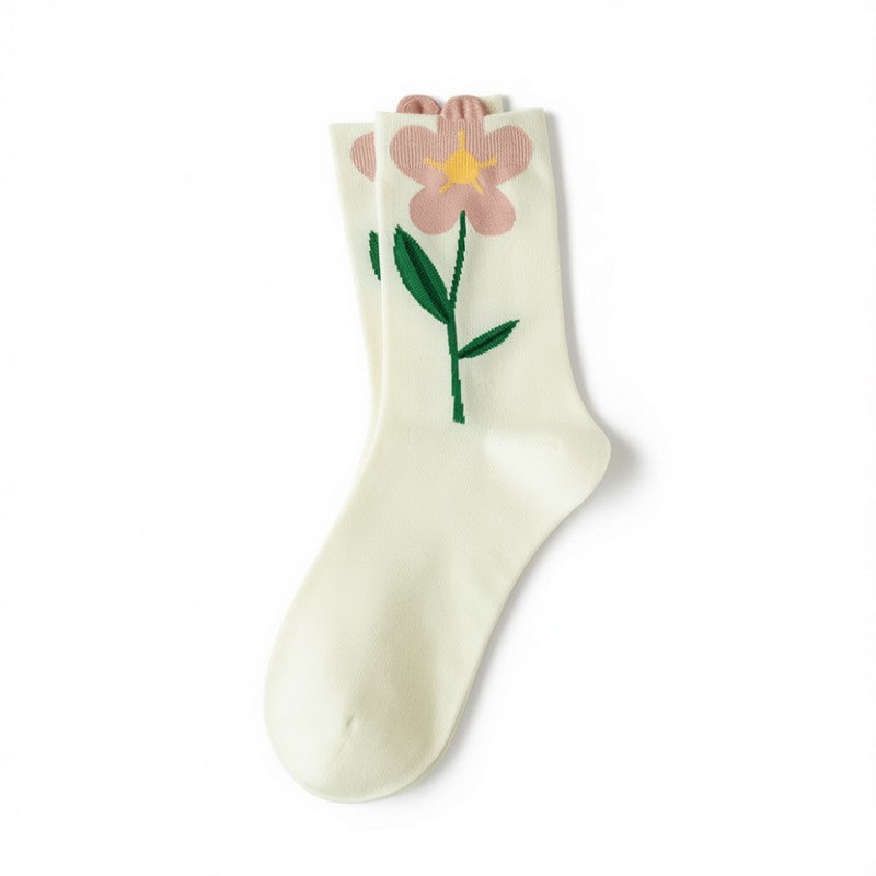 Chaussettes montantes en coton brodées de fleurs printanières (5 paires) - Blanc - 40 (US2-7) - image 4