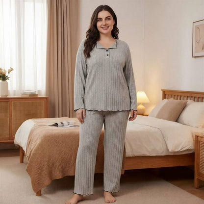 Ensemble pyjama d'intérieur côtelé doux - Gris - 4XL - image 0