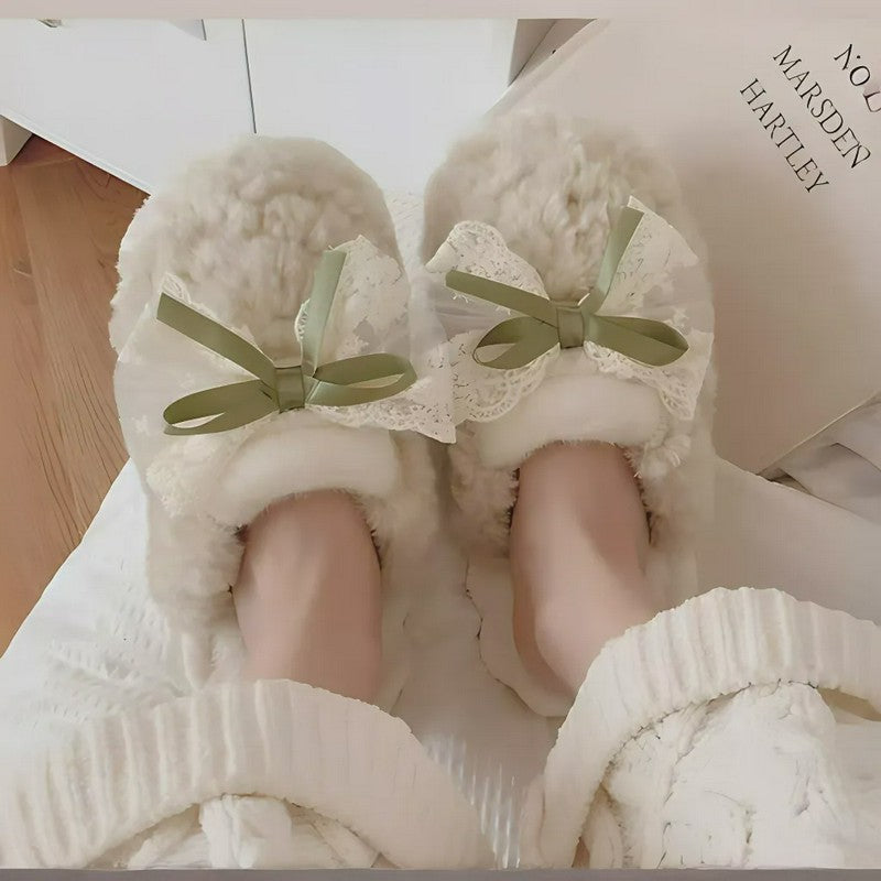 Pantoufles à revers en tricot peluche avec nœud en dentelle - Vert - EU40-41(US7-7.5) - image 1