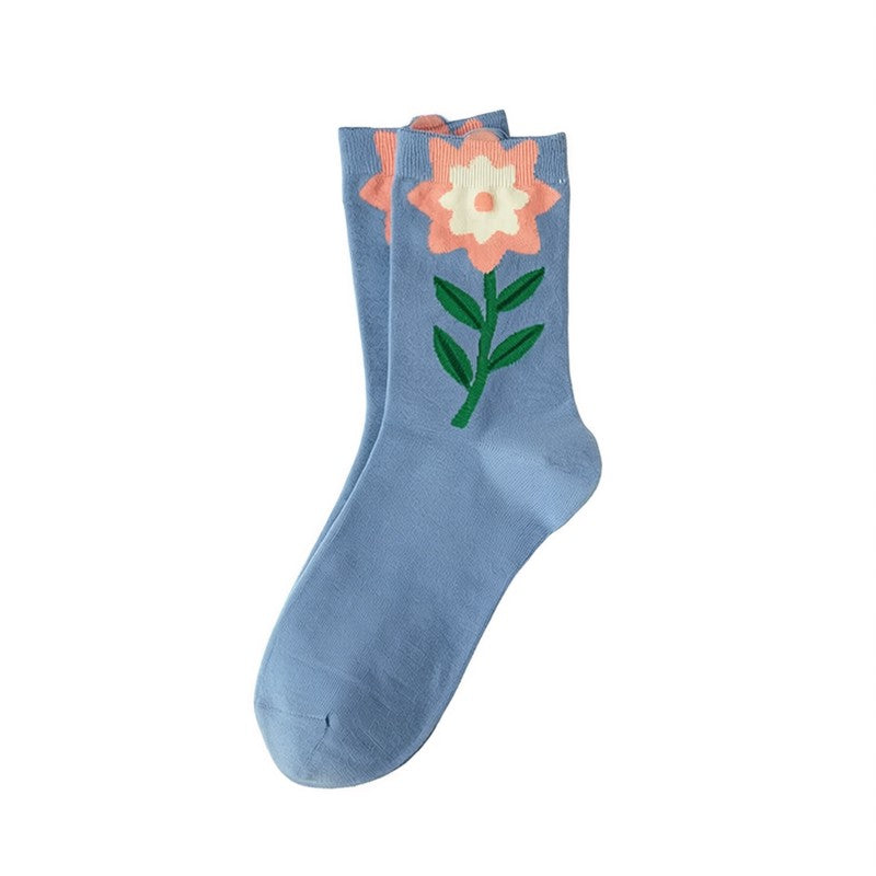 Chaussettes montantes en coton brodées de fleurs printanières (5 paires) - Bleu - 40 (US2-7) - image 3