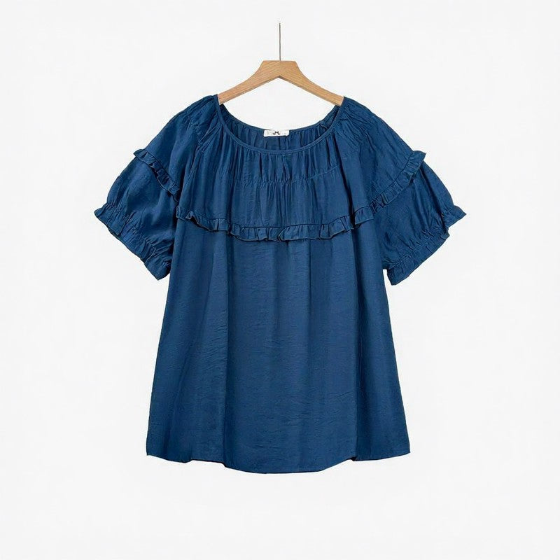 Chemisier à empiècement volanté en mélange de rayonne froissée - Bleu - 6XL - image 1