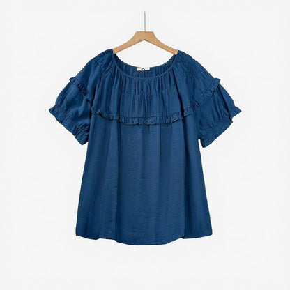 Chemisier à empiècement volanté en mélange de rayonne froissée - Bleu - 6XL - image 1