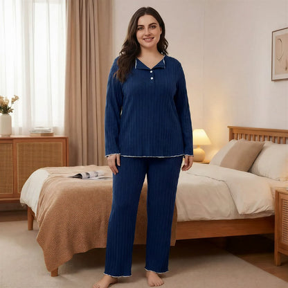 Ensemble pyjama d'intérieur côtelé doux - Bleu marine - 4XL - image 4