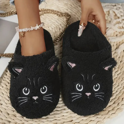 Pantoufles d'intérieur chaudes et confortables en peluche avec motif chat - Noir - EU46-47(US12-12.5) - image 7
