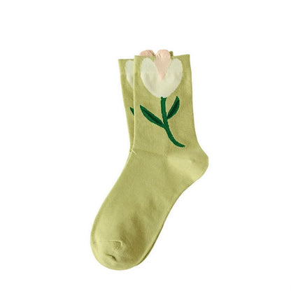 Chaussettes montantes en coton brodées de fleurs printanières (5 paires) - Vert - 40 (US2-7) - image 2