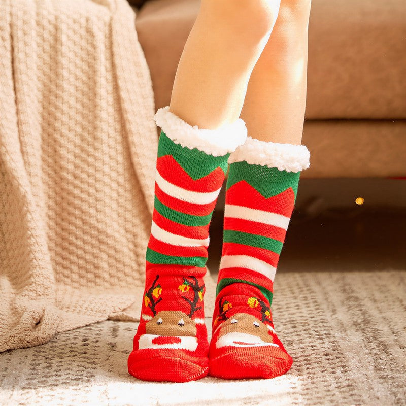 Chaussettes-chaussons confortables doublées de peluche à rayures de Noël - Rouge - 42(US2-8) - image 1
