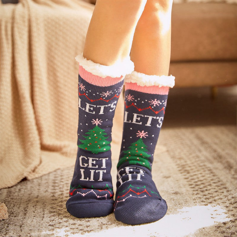 Chaussettes-chaussons confortables doublées de peluche à rayures de Noël - Gris foncé - 42(US2-8) - image 6