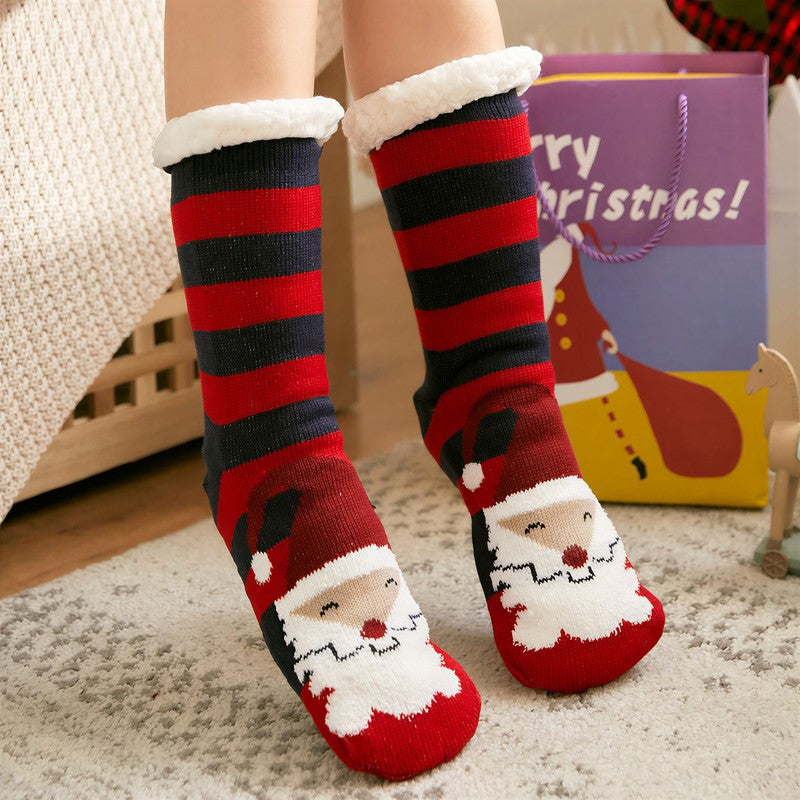 Chaussettes-chaussons confortables doublées de peluche à rayures de Noël - Vin - 42(US2-8) - image 2