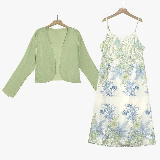 Ensemble robe et cardigan en satin fleuri deux pièces - Ensemble de 2 pièces - 6XL - image 0