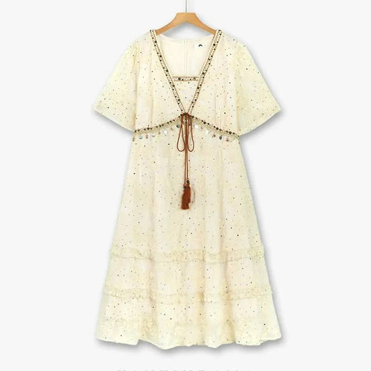 Robe mi-longue à franges en broderie anglaise - Beige - 6XL - image 0