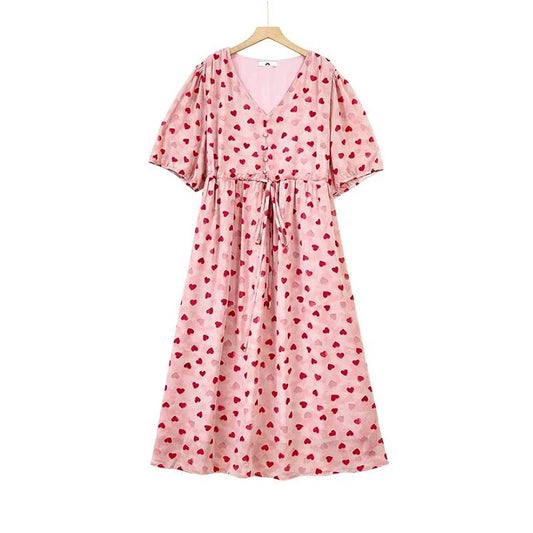 Robe midi à cordon de serrage imprimé cœur - Rose - 6XL - image 0