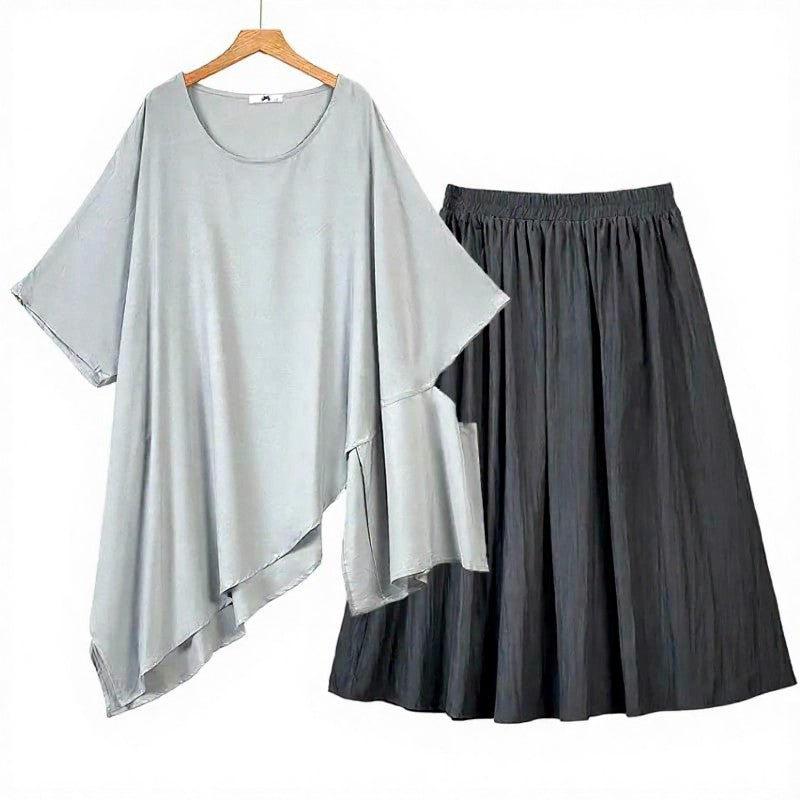 Ensemble deux pièces composé d'un haut asymétrique drapé et d'une jupe midi plissée. - Gris - 6XL - image 0