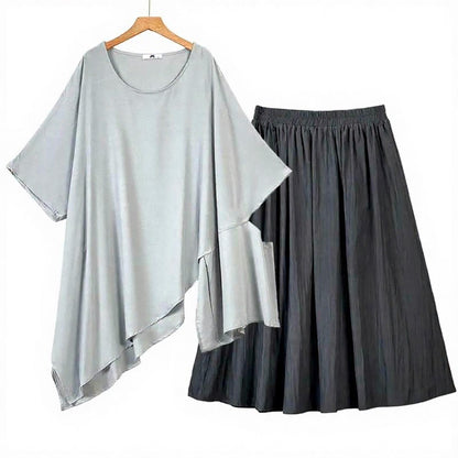 Ensemble deux pièces composé d'un haut asymétrique drapé et d'une jupe midi plissée. - Gris - 6XL - image 0