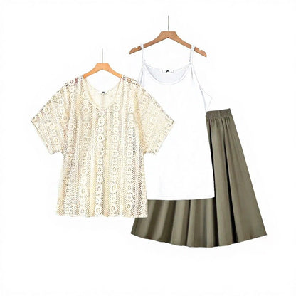 Ensemble trois pièces débardeur en dentelle et jupe midi - Ensemble de 3 pièces (blanc) - 6XL - image 1