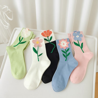 Chaussettes montantes en coton brodées de fleurs printanières (5 paires) - Multicolore - 40 (US2-7) - image 1