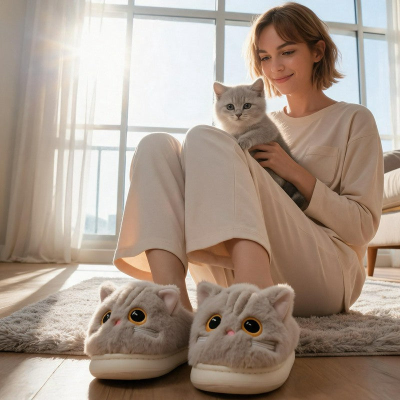 Pantoufles d'intérieur à semelle souple en peluche chat - image 0