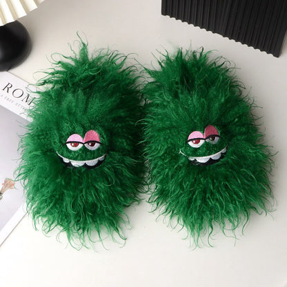 Pantoufles d'intérieur roses duveteuses à motif œil de dessin animé - Vert - 50-51 (US 12,5-13) - image 1