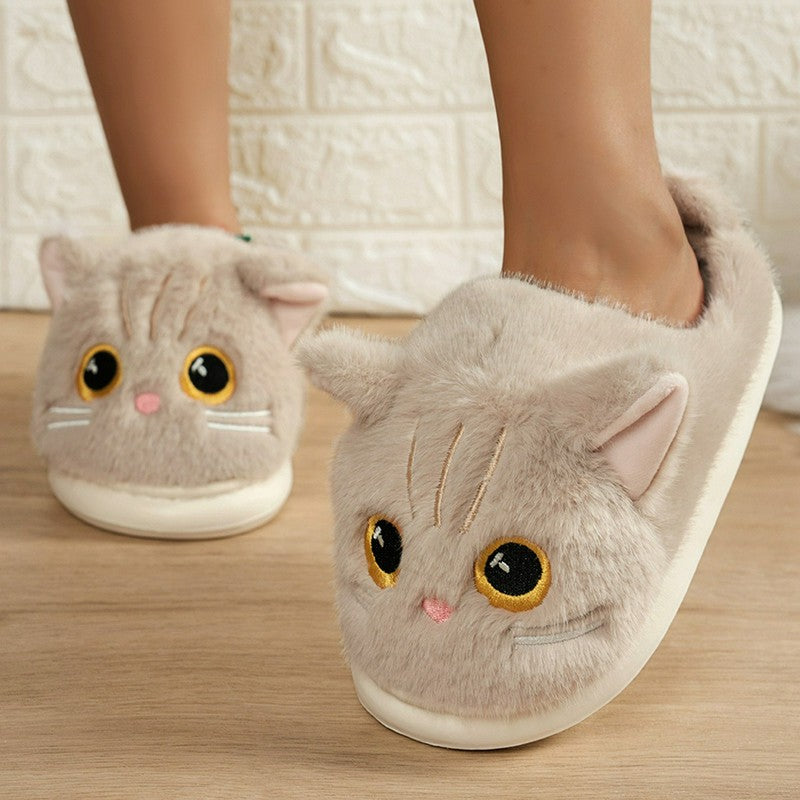 Pantoufles d'intérieur à semelle souple en peluche chat - Kaki - EU44-45(US10-11) - image 4
