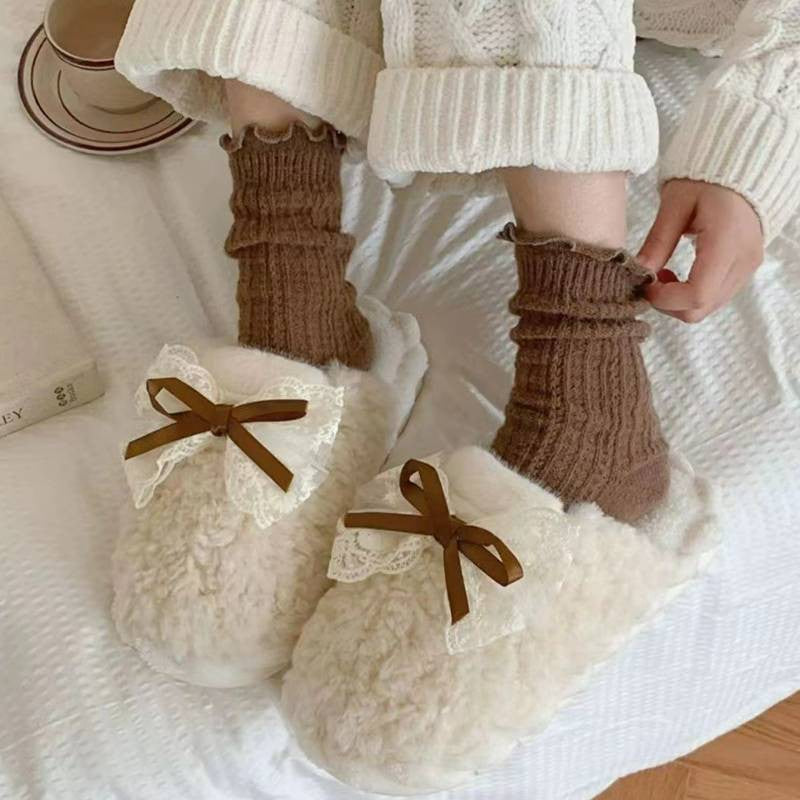 Pantoufles à revers en tricot peluche avec nœud en dentelle - Beige - EU40-41(US7-7.5) - image 0