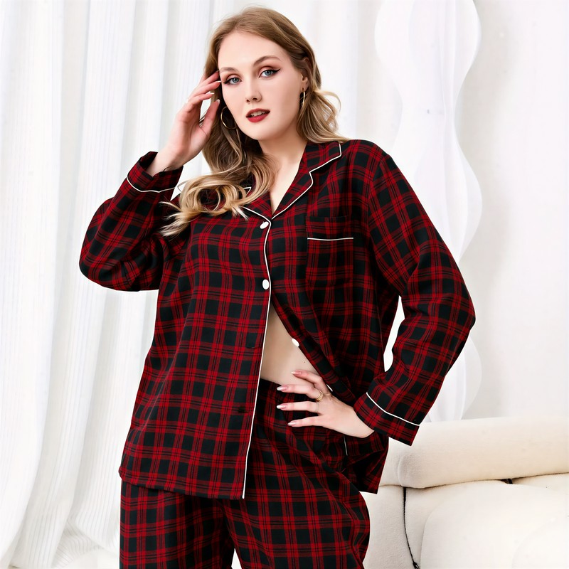 Ensemble pyjama à carreaux rouges et bordures contrastées - image 3