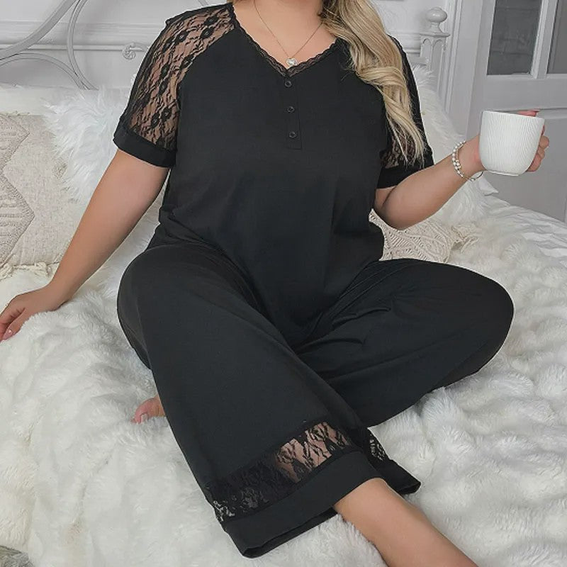 Ensemble pyjama à col en V et bordure en dentelle - image 1