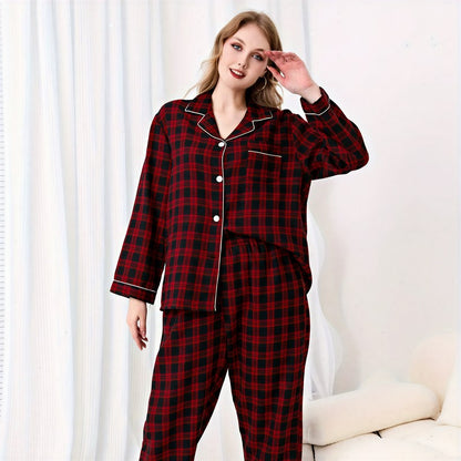 Ensemble pyjama à carreaux rouges et bordures contrastées - image 2