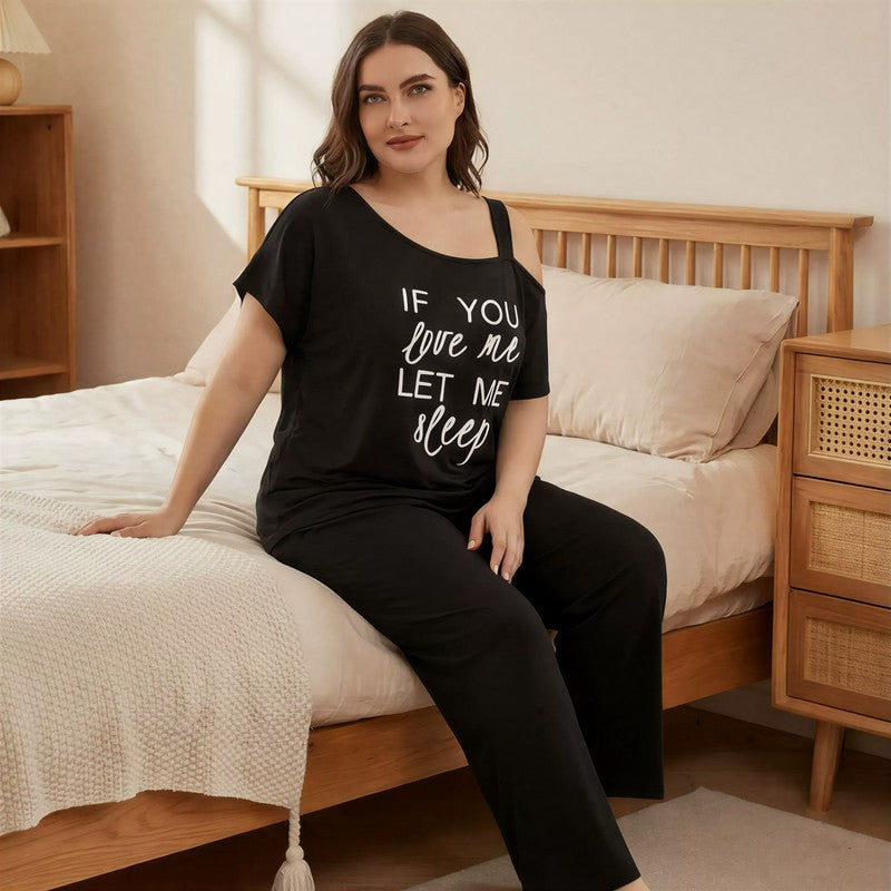 Ensemble pyjama à épaules dénudées et slogan - Noir - 4XL - image 0